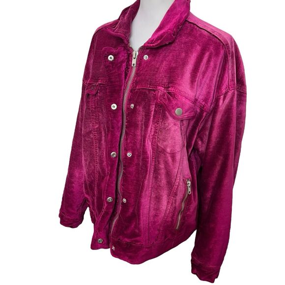 Free People Velvet Trucker Jacket Women’s Size XS/S Fuchsia Pink Oversized Snap - Picture 15 of 15